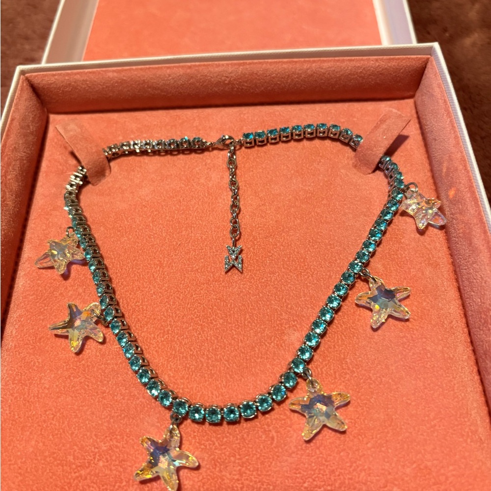 Amina Muaddi Crystal Blue Choker Necklace with Star Charms